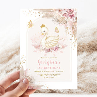 Feminine Boho Swan Princess Pink Blush Birthday Einladung