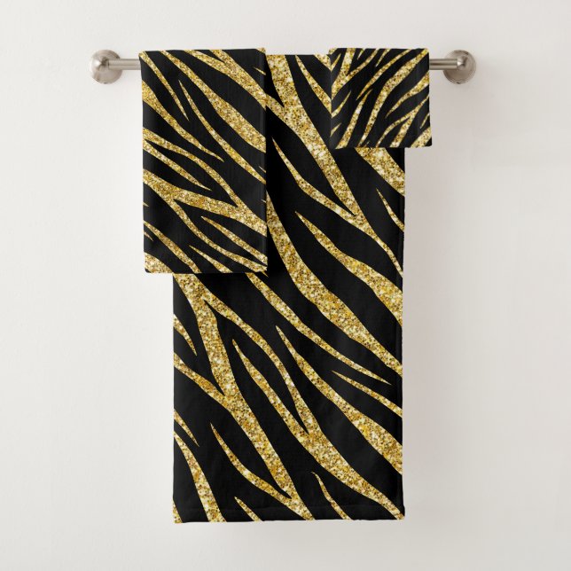 Feminine Chic Luxury Black Gold Klasse Zebra Print Badhandtuch Set (Insitu)