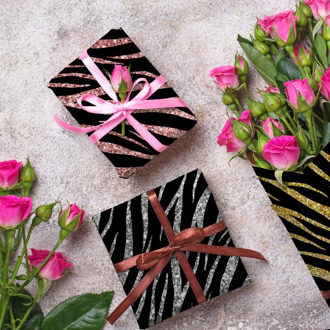 Feminine Chic Luxury Black Gold Klasse Zebra Print Geschenkpapier Set (Von Creator hochgeladen)