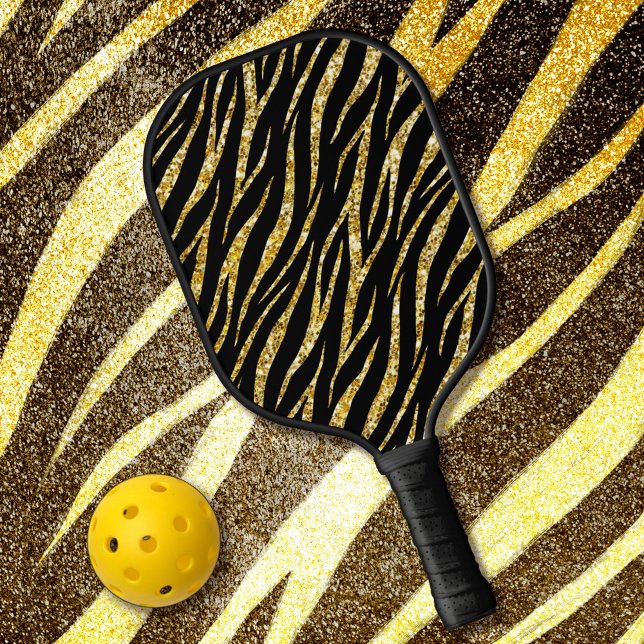 Feminine Chic Luxury Black Gold Klasse Zebra Print Pickleball Schläger (Von Creator hochgeladen)