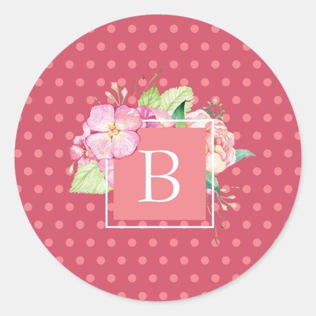 Feminine Chic Mit Monogramm Initial Pink Dot Flora Runder Aufkleber (Vorderseite)