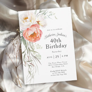 Feminine Coral Peach Floral 40. Geburtstag Einladung