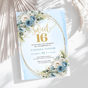 Feminine Dusty Blue Florale Sweet Sixteen Einladun Einladung