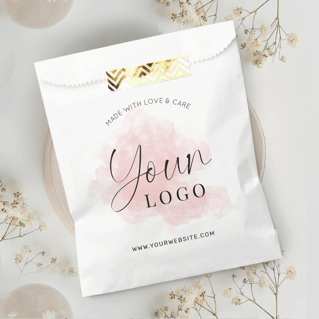 Feminine Elegant Entreprise Logo Papier Sacs (Elegant pink watercolor paper bag design with custom logo and your website)