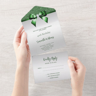Feminine Emerald Gem Bow & Glitzer Geburtstag All In One Einladung