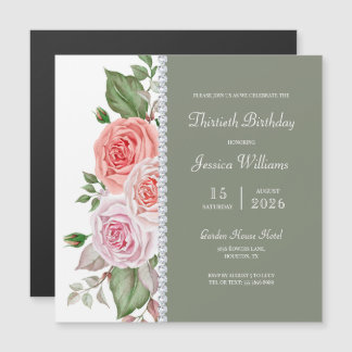 Feminine Floral & Diamond 30. Geburtstag Magneteinladung