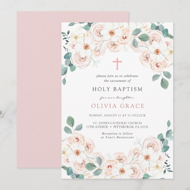 Feminine Floral Taufe Einladung (Vorne/Hinten)