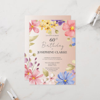 Feminine Floral Wreath 60. Geburtstagsparty Einlad Einladung