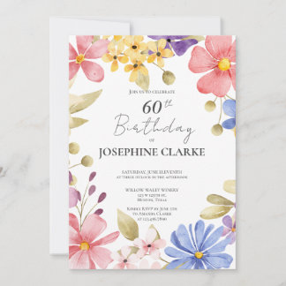Feminine Floral Wreath 60. Geburtstagsparty Einladung