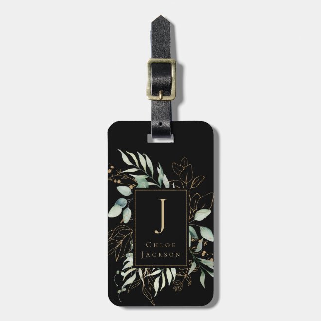 Feminine Gold Glitzer Black Mit Monogramm  Gepäckanhänger (Vorderseite vertikal)