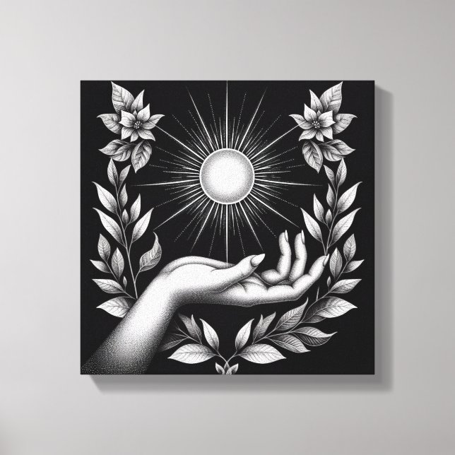 Feminine Hand Holding Radiant Sun Illustration Leinwanddruck (Vorderseite)