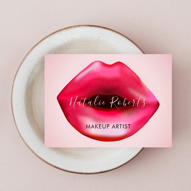 Feminine Hot Pink Lips Makeup Artist Beauty Visitenkarte (Von Creator hochgeladen)