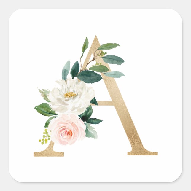 Feminine Imitate Gold Fohlen Blumenbrief A Monogra Quadratischer Aufkleber (Vorderseite)