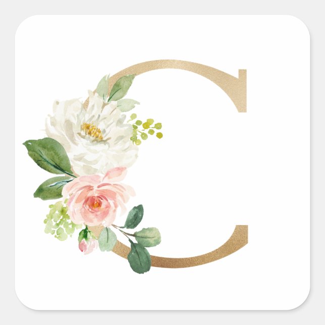 Feminine Imitate Goldfolie Blumenbrief C Monogramm Quadratischer Aufkleber (Vorderseite)