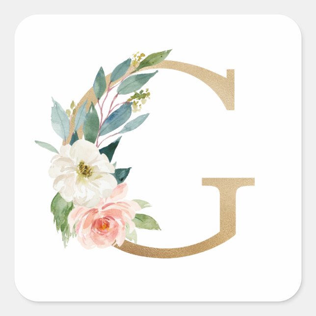 Feminine Imitate Goldfolie Blumenbrief G Monogramm Quadratischer Aufkleber (Vorderseite)