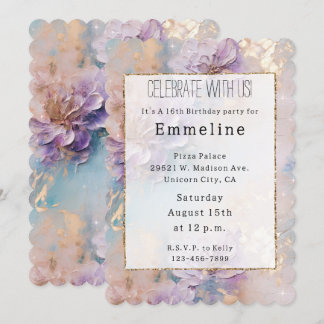Feminine Lila Blue und Gold Floral Einladung