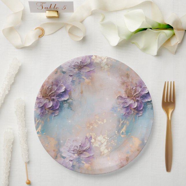 Feminine Lila Blue und Gold Floral Pappteller (Hochzeit)