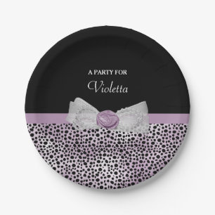 Feminine Lila Cheetah Print Girl Bow Party Name Pappteller