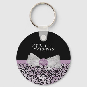 Feminine Lila Cheetah Print Girly Bow und Name Schlüsselanhänger
