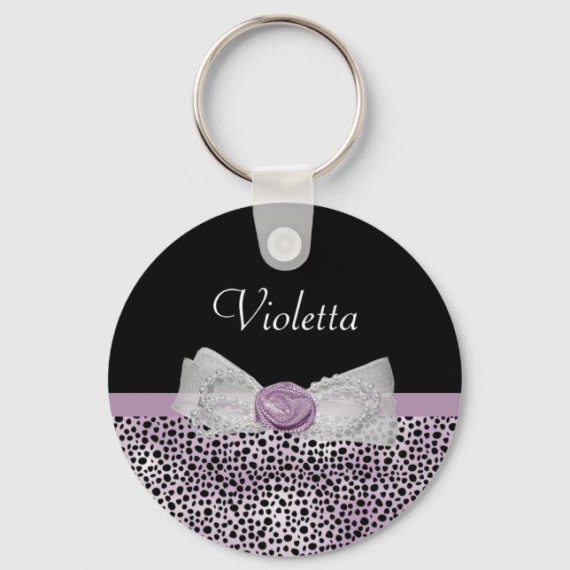 Feminine Lila Cheetah Print Girly Bow und Name Schlüsselanhänger (Vorderseite)