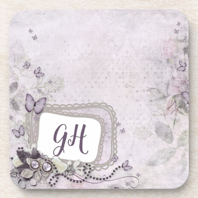 Feminine Lila Lilac Floral Mit Monogramm Getränkeuntersetzer (Vorderseite)
