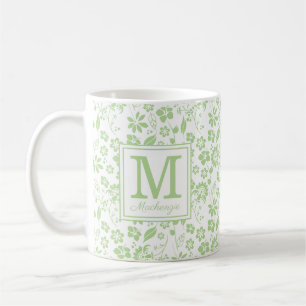 Feminine Limettengrüne Tropische Blumen Monogramm Kaffeetasse