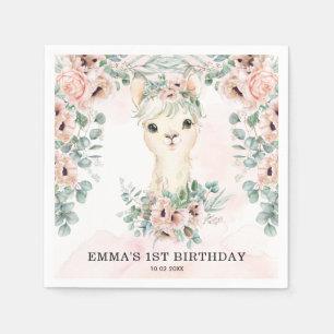 Feminine Llama Blush Pink Blumengrün Geburtstag Serviette