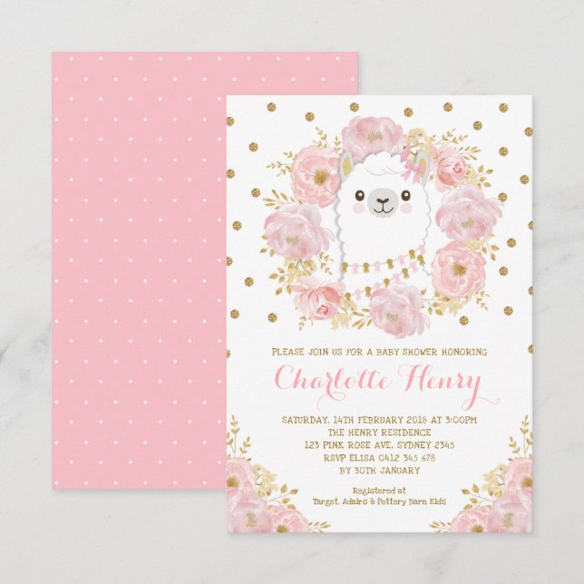 Feminine Llama Blush Pink Gold Floral Baby Dusche Einladung (Vorne/Hinten)