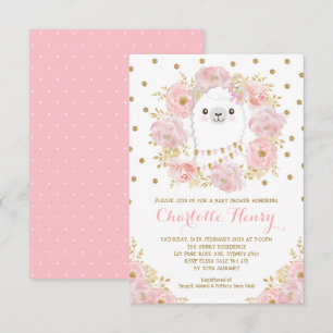 Feminine Llama Blush Pink Gold Floral Baby Dusche Einladung