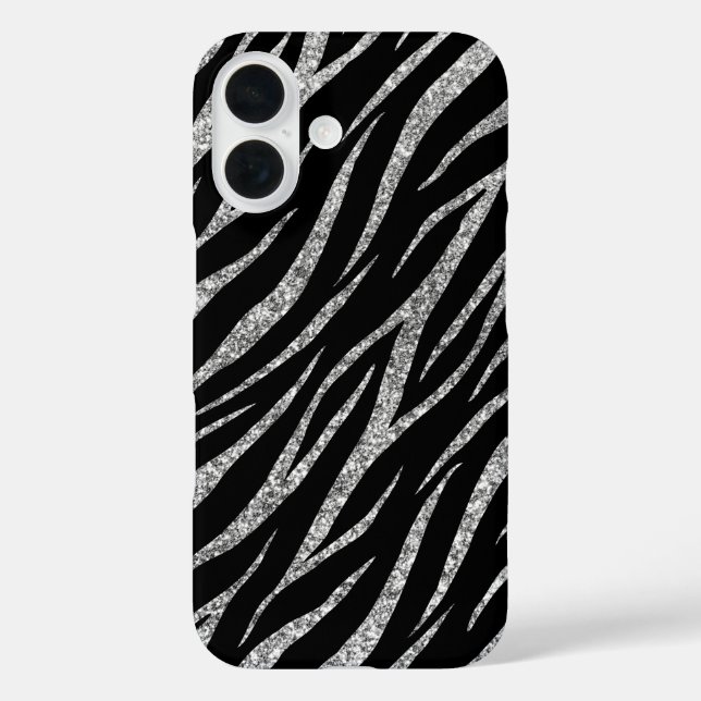 Feminine Luxury Black & Silver Klasse Zebra Print iPhone 16 Hülle (Rückseite)