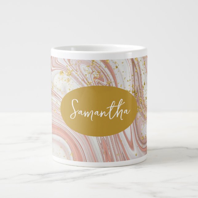 Feminine Marbled Pink & Gold Individuelle Name Jumbo-Tasse (Vorderseite)