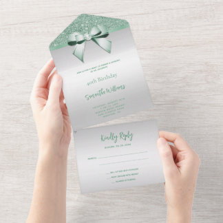 Feminine Mint Gem Bow & Glitzer Geburtstag All In One Einladung