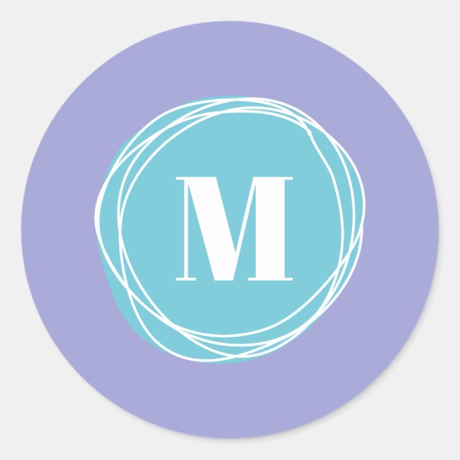 Feminine Modern Periwinkle Aqua Monogram Runder Aufkleber (Vorderseite)