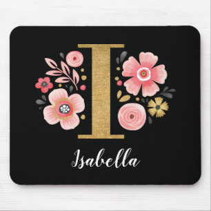 Feminine Monogram, Initial Pink Black Letter I Mousepad