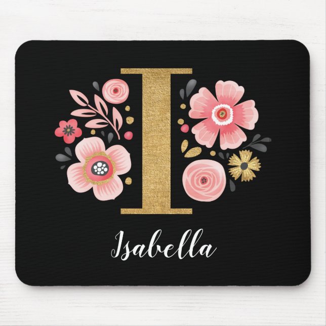 Feminine Monogram, Initial Pink Black Letter I Mousepad (Vorne)