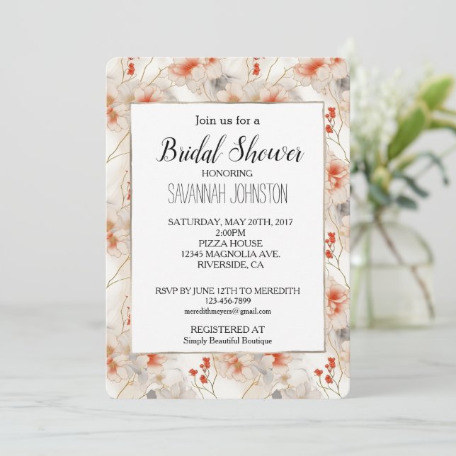 Feminine Peach Red White Floral Einladung (Stehend Vorderseite)