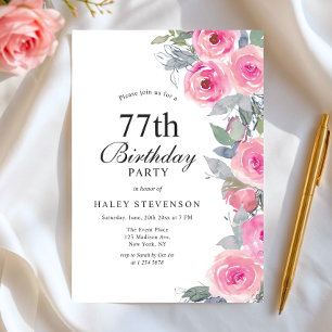 Feminine Pink Aquarell Blumenchic 77. Geburtstag Einladung