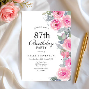 Feminine Pink Aquarell Blumenchic 87. Geburtstag Einladung