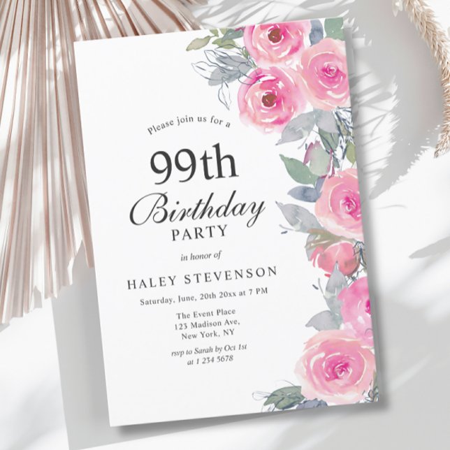 Feminine Pink Aquarell Blumenchic 99. Geburtstag Einladung (Von Creator hochgeladen)