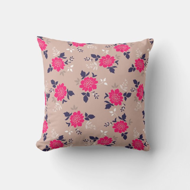 Feminine Pink Beige Blumenmuster Kissen (Vorderseite)