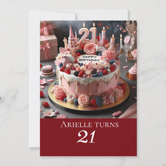 FEMININE PINK BIRTHDAY CAKE, 21. EINLADUNG (Rückseite)