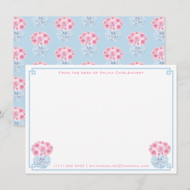 Feminine Pink Blue Double Happy Chinoiserie Dankeskarte (Vorne/Hinten)
