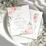 Feminine Pink Floral 60. Geburtstag Überraschung P Einladungspostkarte<br><div class="desc">Eine wunderschöne und weibliche Überraschungsfeier zum 60. Geburtstag im eleganten Stil. Dieses Blumendesign grenzt an einen Rahmen aus zauberhaften rosafarbenen Pfannkuchen und Grünpflanzen.</div>