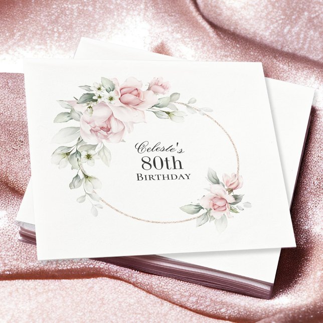 Feminine Pink Floral 80th Birthday Party Serviette (Von Creator hochgeladen)