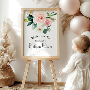 Feminine Pink Floral Baby in Bloom Baby Dusche Poster