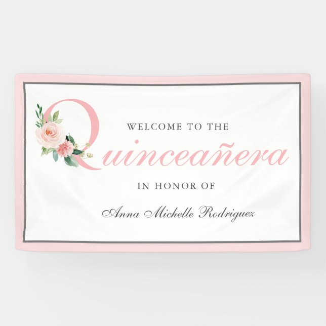 Feminine Pink Floral Quinceanera Feier Banner (Horizontal)