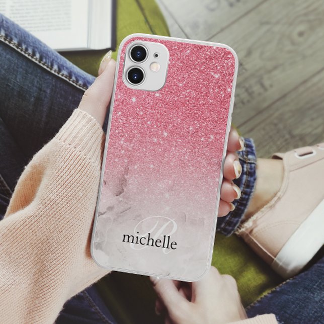 Feminine Pink Glitzer Ombre Marble Monogram Case-Mate iPhone Hülle (Von Creator hochgeladen)