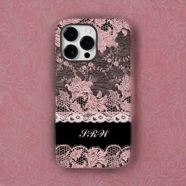 Feminine Pink Lace Edging on Black mit Initialen Case-Mate iPhone 14 Pro Max Hülle
