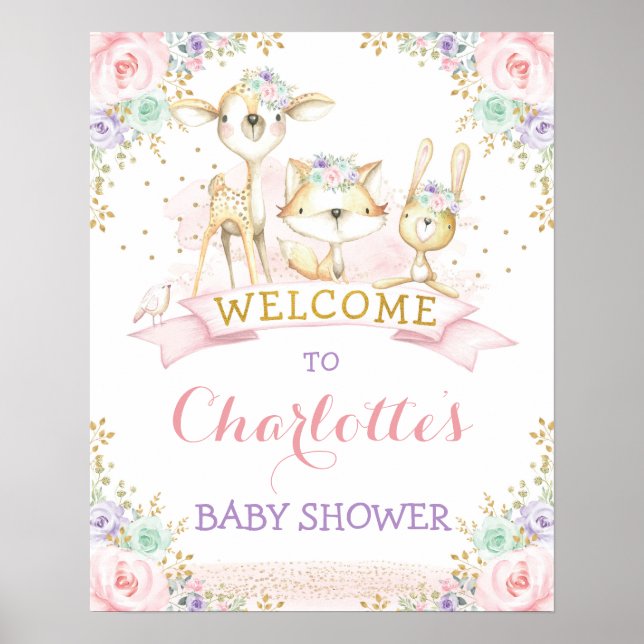 Feminine Pink Lila Mint Woodland Tiere Willkommen Poster (Vorne)