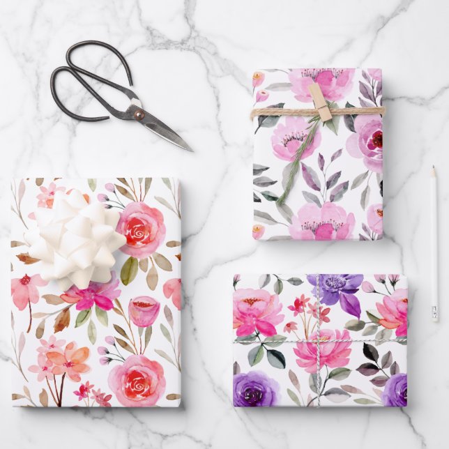 Feminine Pink Lilac und Lila Aquarellblume Geschenkpapier Set (Vorderseite)